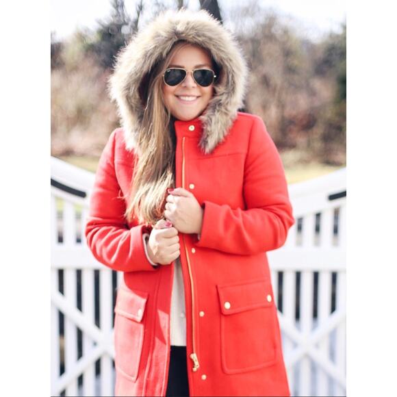J. CREW Red Coral Vail Parka Wool Blend  Jacket Coat  // 00 - Picture 1 of 8